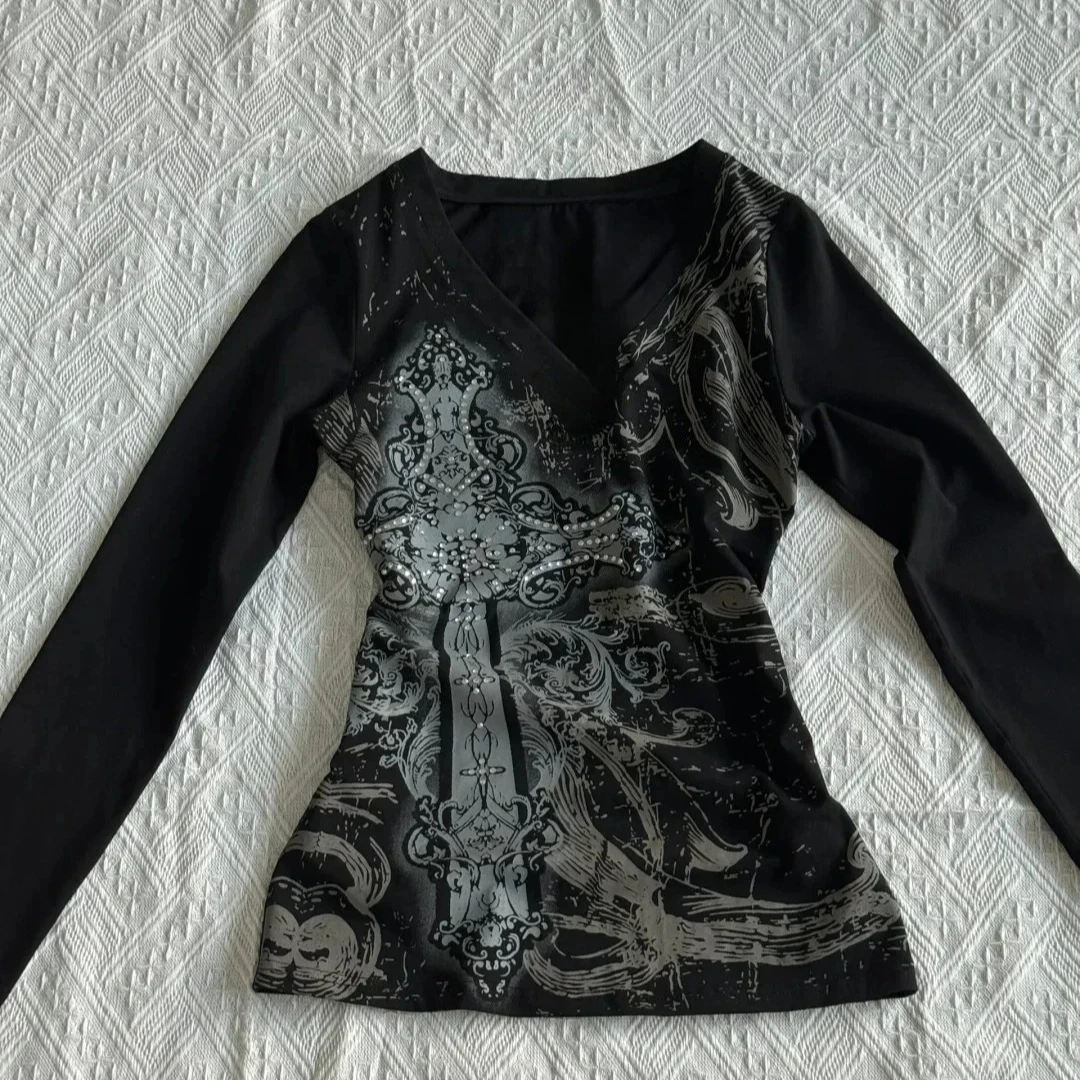 Camiseta vintage feminina casual manga longa streetwear subcultura harajuku americano retro y2k vintage gótico camisetas outono chiques topos