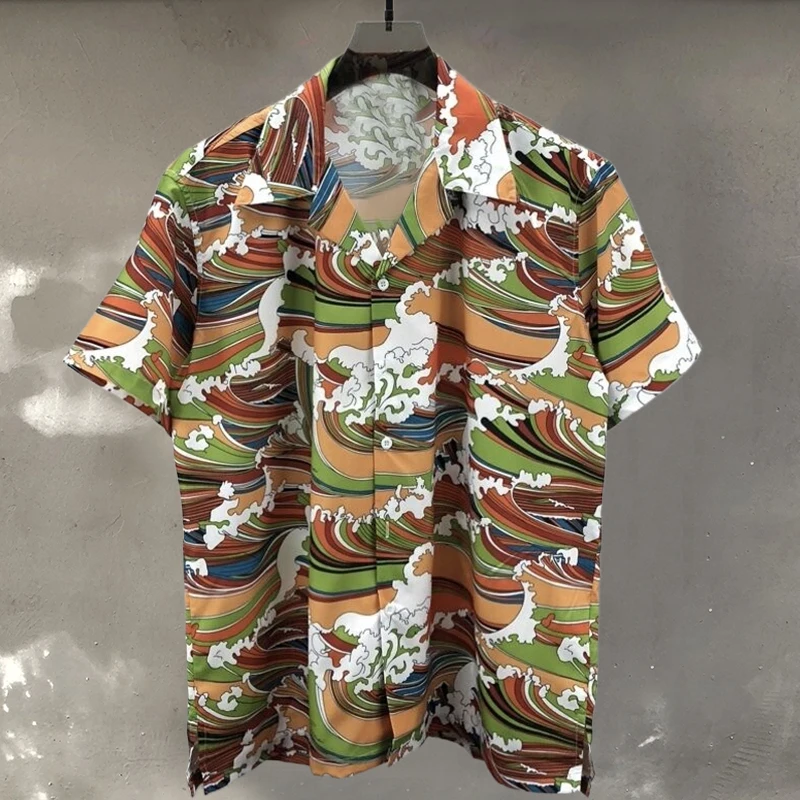 Men Colorful Wave Print Beach Shirt Hawaiian Shirts Casual Tropical Holiday Tops Short Sleeve Men Shirt Streetwear Moda Hombre