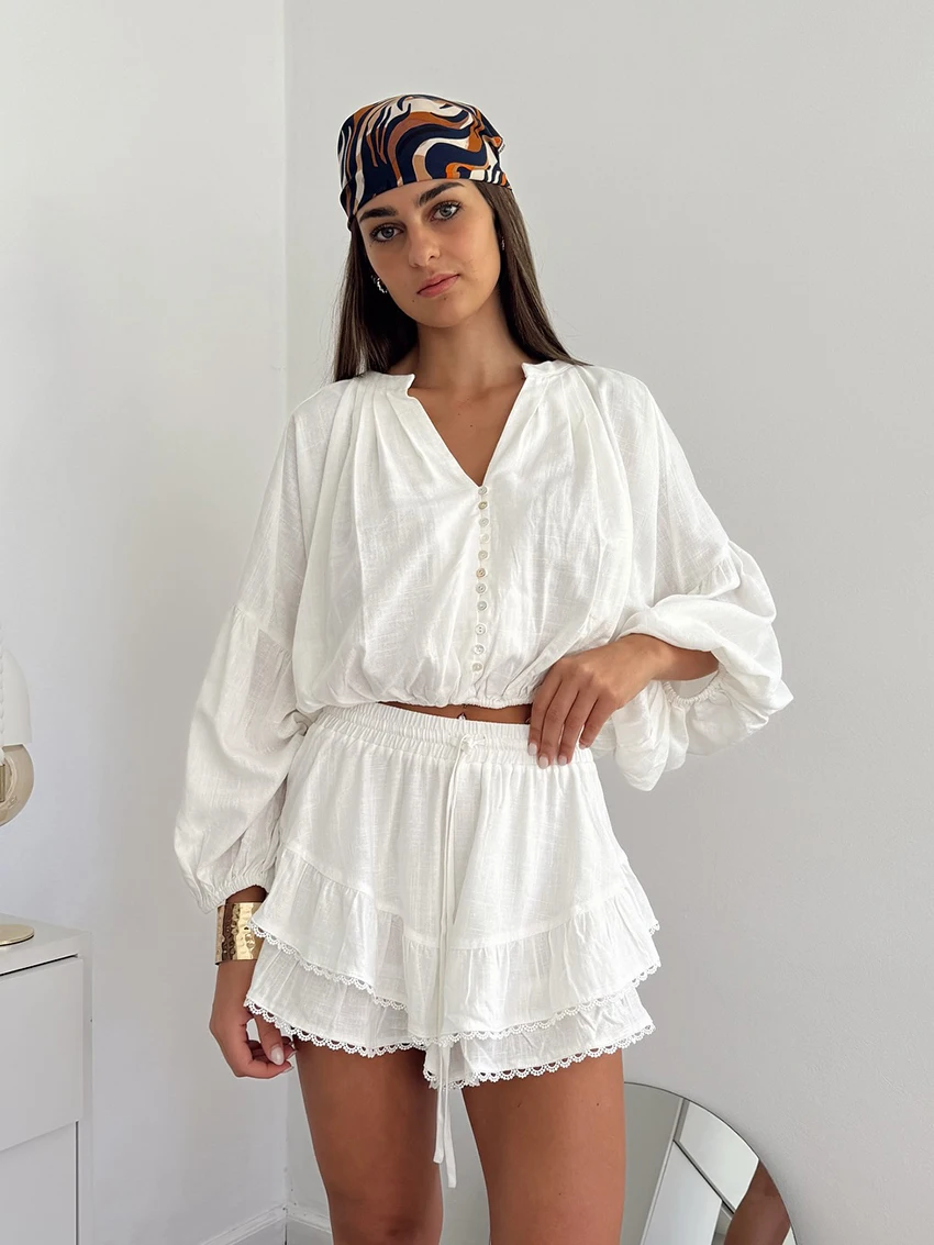 

Marthaqiqi Casual Ladies Nightgown Set Long Sleeve Pajamas Crop Top Nightie V-Neck Sleepwear Shorts Cotton Female Nightwear Suit