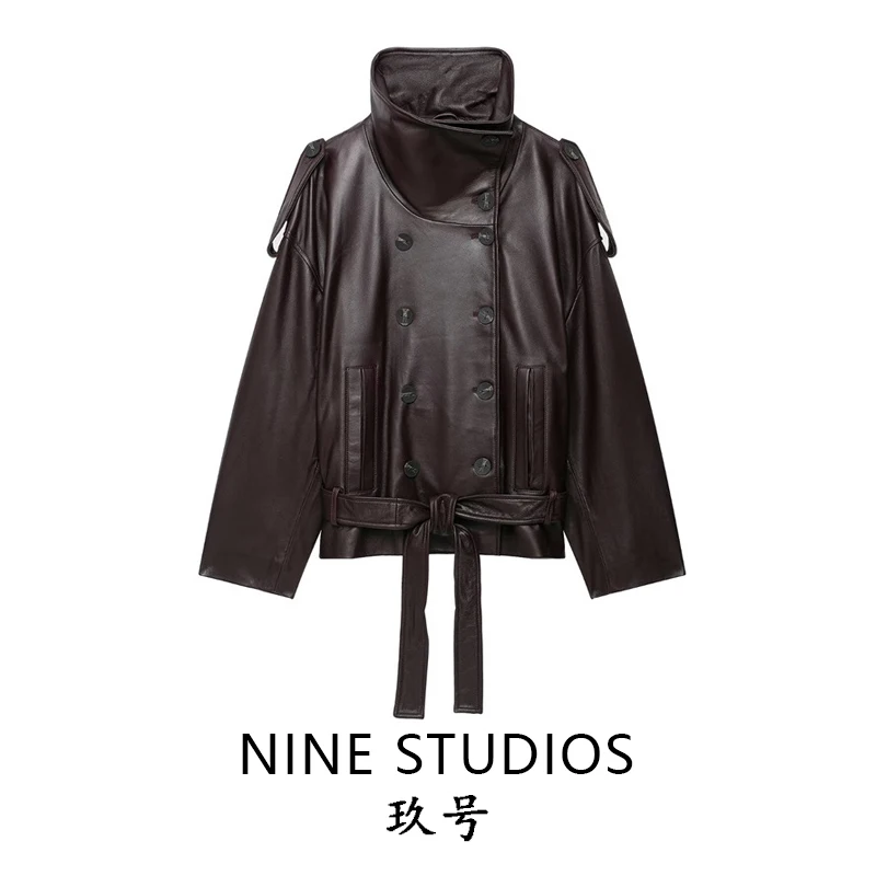 Women's PU Leather Effect Jacket with Belt Coat Top Long Sleeve Double Button Closure Regular Length Winter Fashion