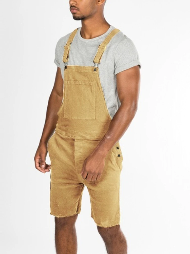 Men Jeans Overalls Knee Length One Piece Straight Pants Denim Pockets High Street Solid Washing Distressed Cargo Spliced