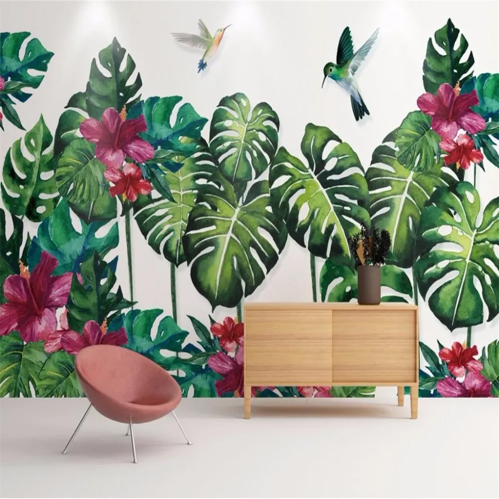 Custom Hummingbird animals wallpaper large mural wall stickers tropical plant turtle back watercolor background art wall paper