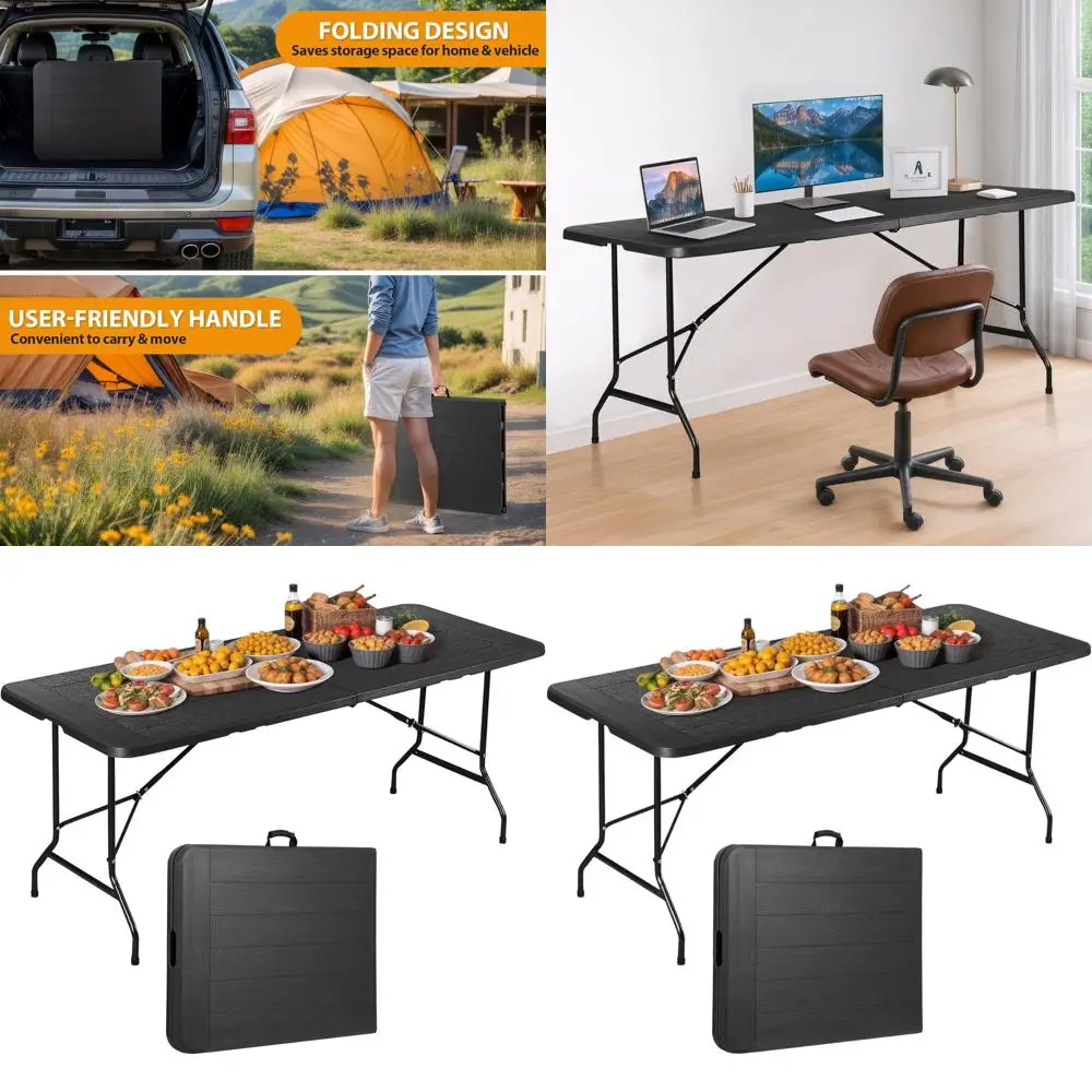 

Portable 6ft Folding Table - Plastic, Ideal for Indoor, Outdoor, Picnic, Party, and Camping (Black, 71 x 27)