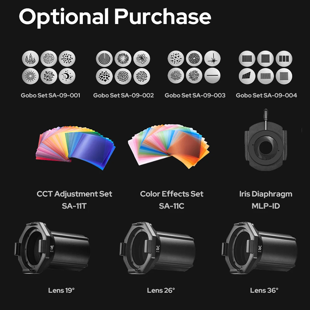 Godox Accessories Gobo Set SA-09 SA-11C SA-11T MLP-ID 19° 26° 36° Lens for Godox MLP Projection Attachment MLP19K MLP26K MLP36K