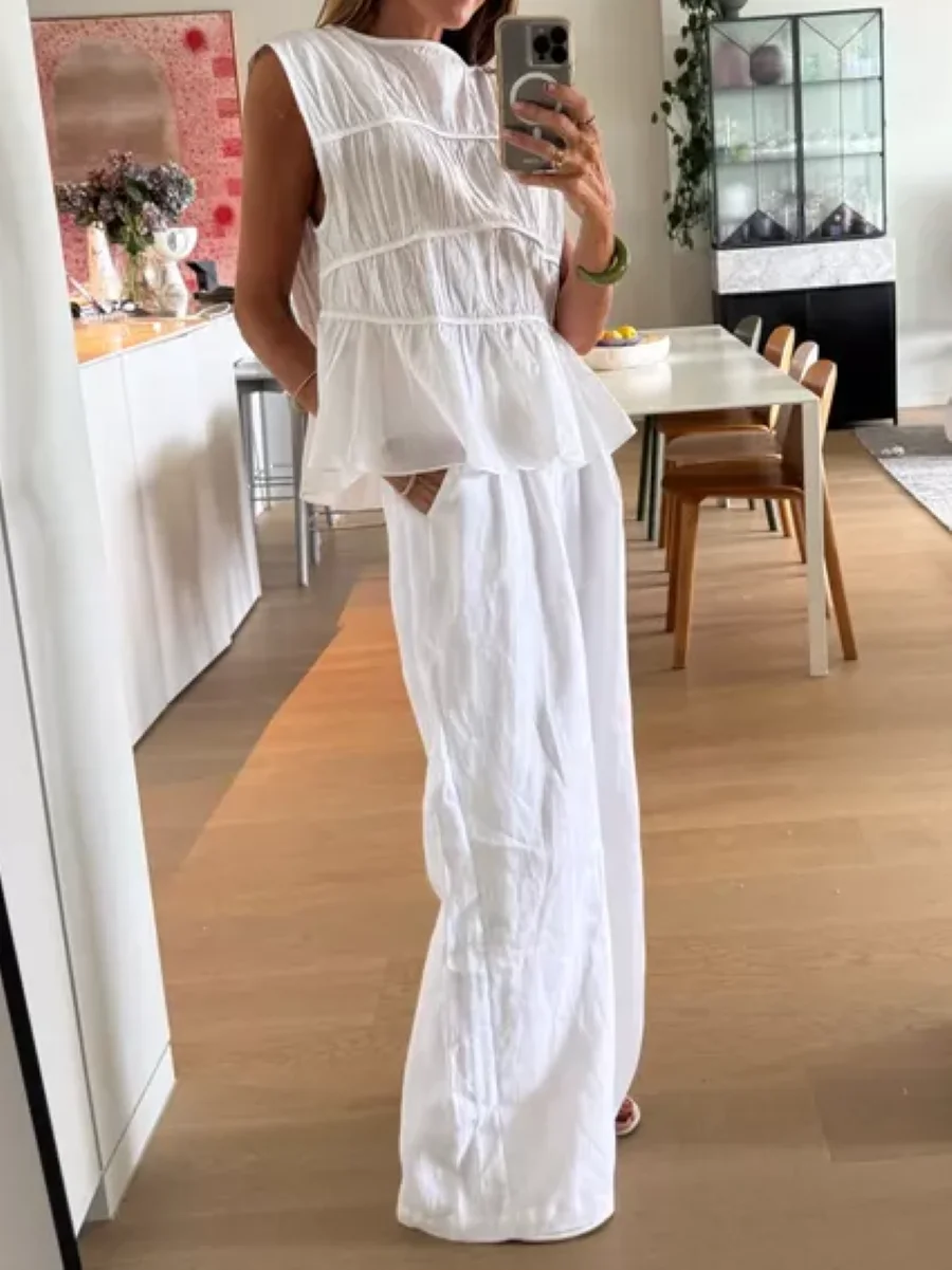 

Women Pleated White Tank Tops Round Neck Sleeveless Solid Color Casual Female Vest