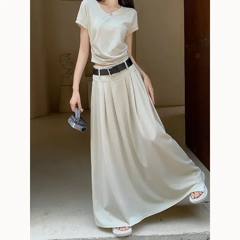 Temperament High Waist White Half Skirt Women's Summer Long Skirt Streetwear Slim Casual All-match Pleated A-line Skirt Set