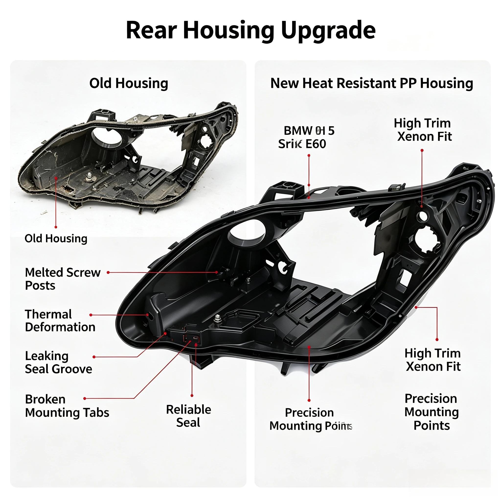 Moggic Headlight Rear Cover Housing Compatible With 5 Series E60 Sedan Model Years 2004 To 2007 Left Or Right Side Replacement - view 4
