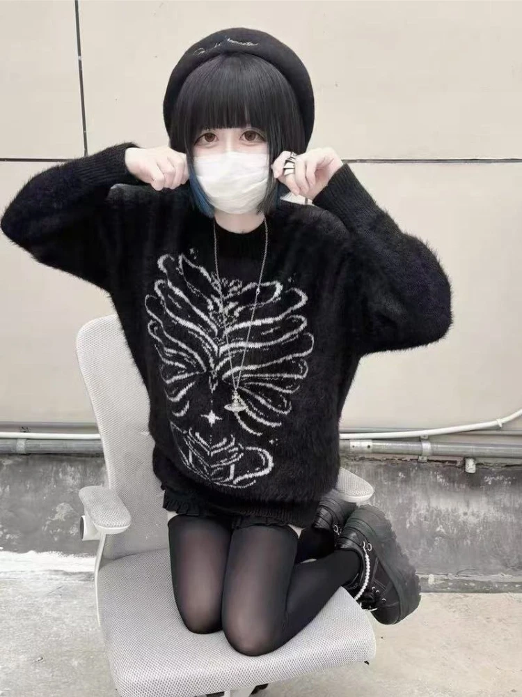 Japanese Subculture Sweet Long Sleeve Sweater Gothic Print Women Casual Autumn Winter Y2k Vintage Knitted Pullover 2026