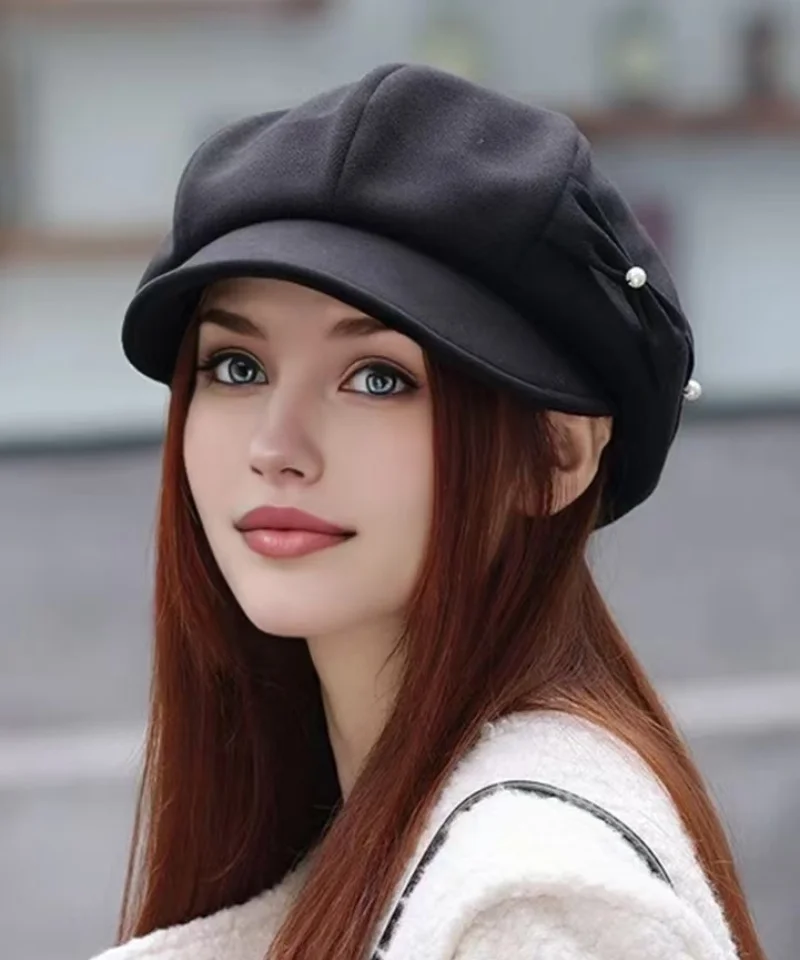 Autumn padded beret winter thickened warm duck tongue cap retro fashion casual bow octagonal cap show face small painter hat