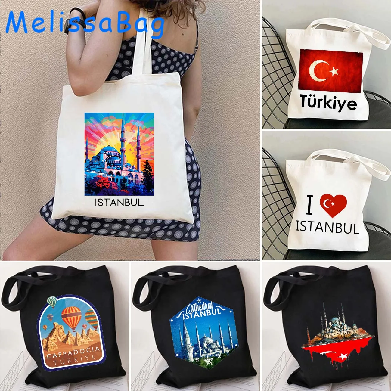 Cathedral Mosque Istanbul Canvas Shoulder Tote Bag Hagia Sophia CAPADOCIA Turkey Balloon Turkish Harajuku Shopper Cotton Handbag