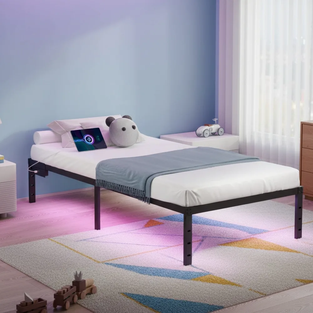 

Twin LED Bed Frame with Charging Ports, Heavy Duty Metal Platform, Easy Assembly and Noise-Free Design