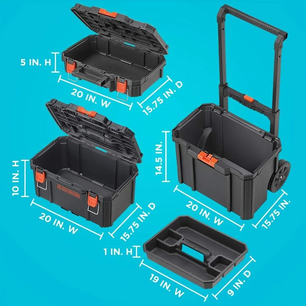 Sistema de armazenamento empilhável, preto, Decker, pequeno, profundo Toolbox, Rolling Tote, BDST60500APB, 3 Pcs Set