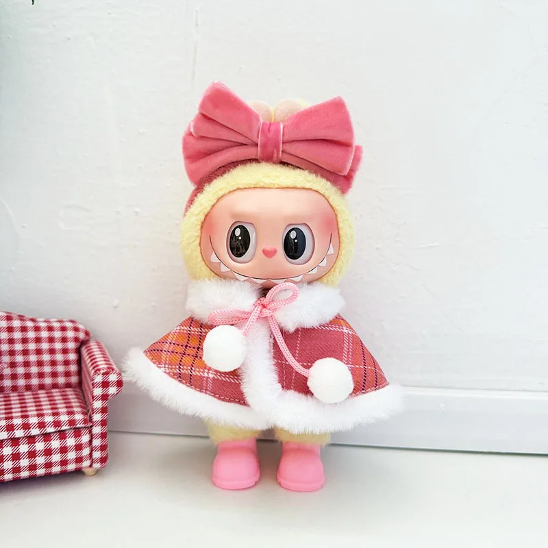 

15cm 17cm Cute LABUBU 1st-3nd Doll Accessories Pink Plaid Plush Cape With Bow Hair Accessory – Elegant Style Outfit