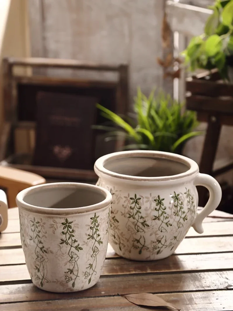 Vintage Pastoral Willow Leaf Ceramic Flowerpot Minimalist Modern Nordic French Style Green Plant Horticulture Flower Art Hydropo