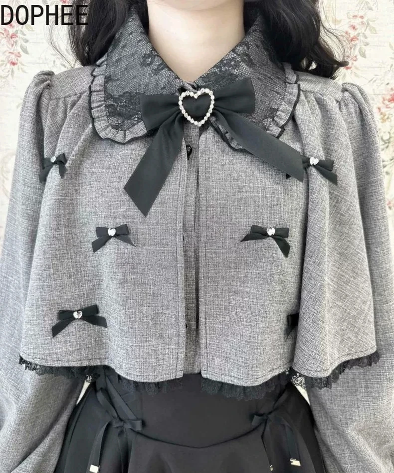 

Японская осенняя серая короткая накидка-шаль Элегантный кружевной воротник Питера Пэна с любовным бантом Блузки с длинными рукавами Свободный топ принцессы с длинными рукавами