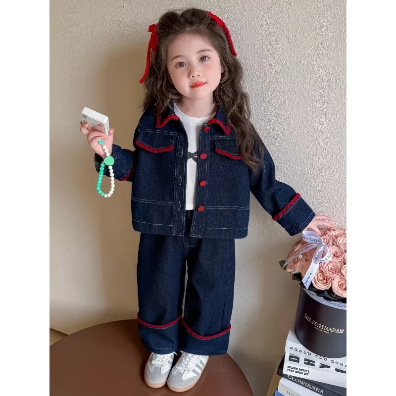 Girls' Suit Autumn New Foreign Style Children's Denim Two-piece Set Medium and Small Children's Girls Bow Jacket