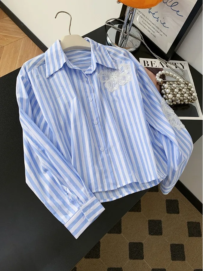 

Blue Striped Long Sve Lace Patchwork Casual Women's irt Spring Autumn Slimming Single Button Top Straight Cut Cotton Blend