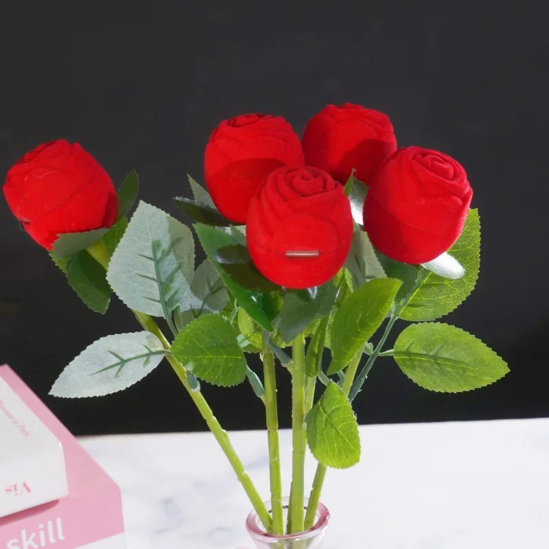 Flocked Artificial Rose Flower Ring Box Red Velvet Jewelry Box Earring Display Holder Wedding Valentine's Day Gift Storage Case