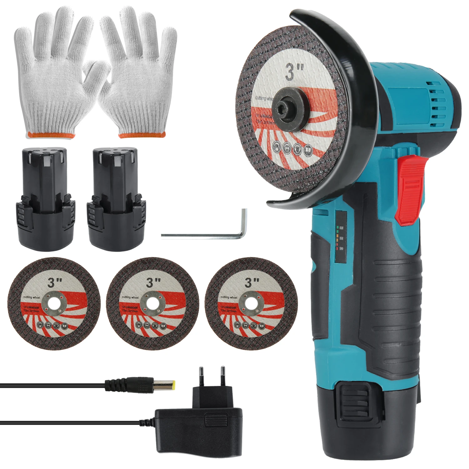 Mini meuleuse d'angle sans fil avec 2 batteries, polisseuse, machine de découpe, coupe, polissage, bois, pierre, acier, 12V