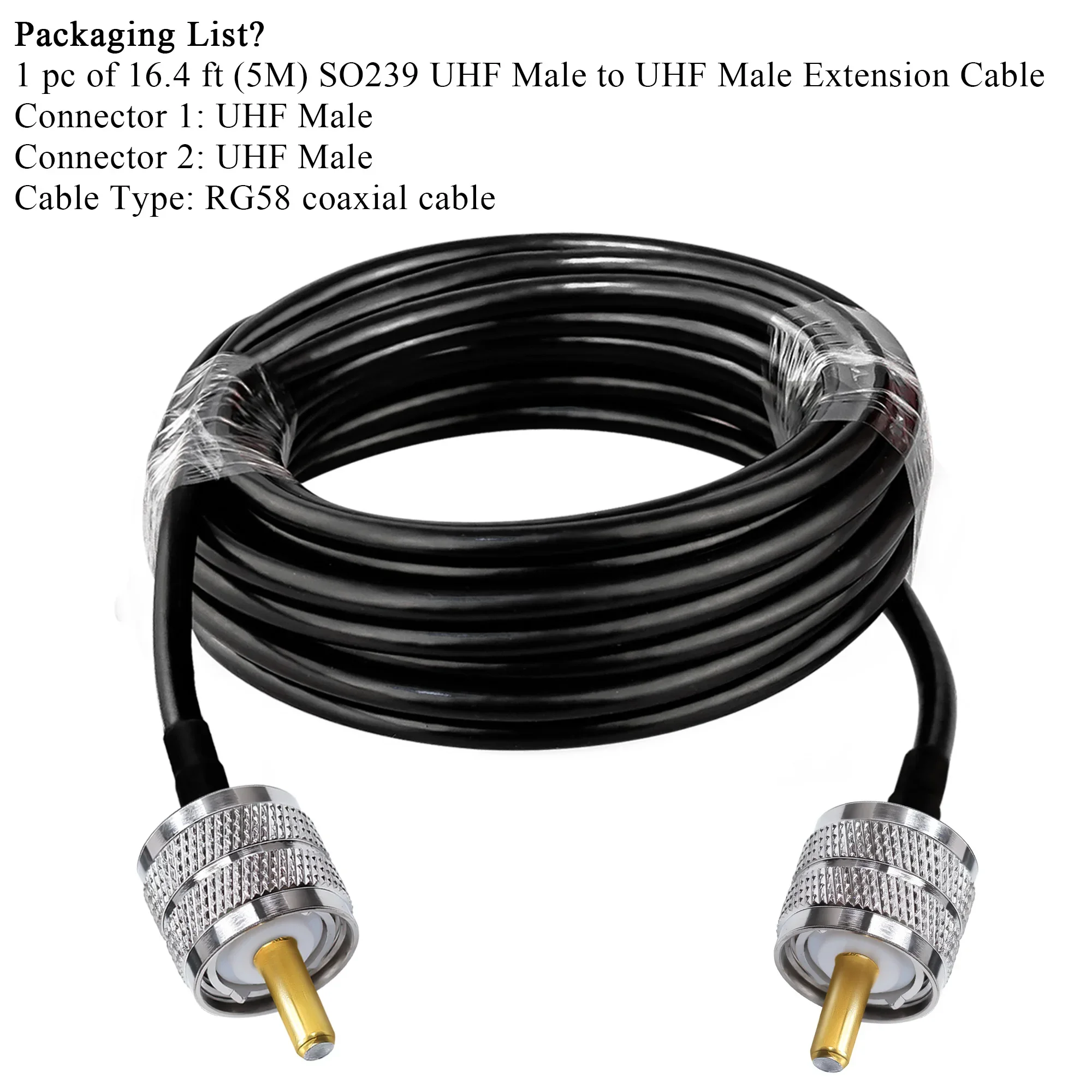 RG58 Coax Cable UHF Male to UHF Male Extension Cable Low Loss RF Coaxial Cable PL259 for Two Way Radio/CB Radio SO239 5m