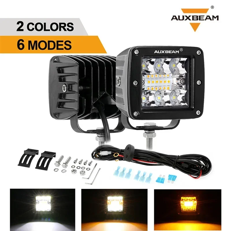 

AUXBEAM 72W 3 inch LED Square Work Light Pod with 10FT Wiring Harness 6 Modes Amber White Light Memory Function Driving Lamp