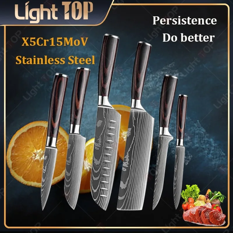 

6Pcs Kitchen Knives Damascus Pattern Chef Knife Professional Fruit Knife Japanese Santoku Cleaver Slicing Utility Chef Knife