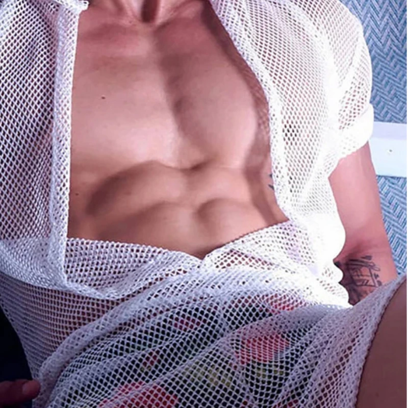 

Men Short-sleeved Shirt White Menswear Clothes Cardigan Mesh Skeleton Slim See-through Chic Casual Sexy Solid Vacation