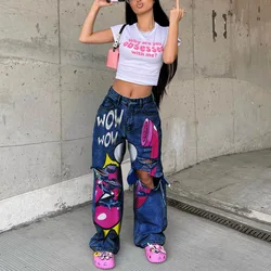 MID Waist Print Stretchy Jeans Stretchy Daily Fashion Women's Pants Streetwear Baggy Jeans Boyfriend Jeans Y2k HOLE Pants 3XL
