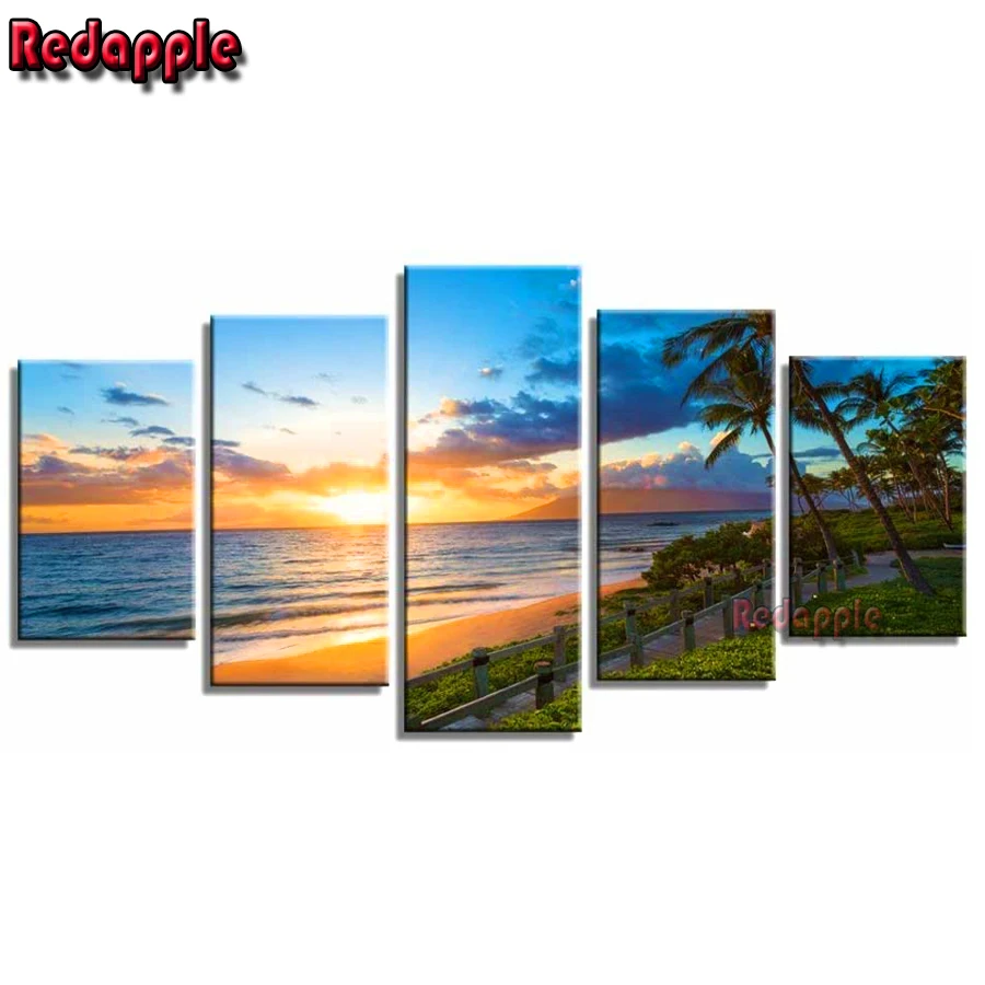 Diamond Painting Cross Stitch Kits, Embroidery, Full Drill, Palm Tree, Waves, Nature Landscape, Beach, Sea, Sunset, 5 Pcs