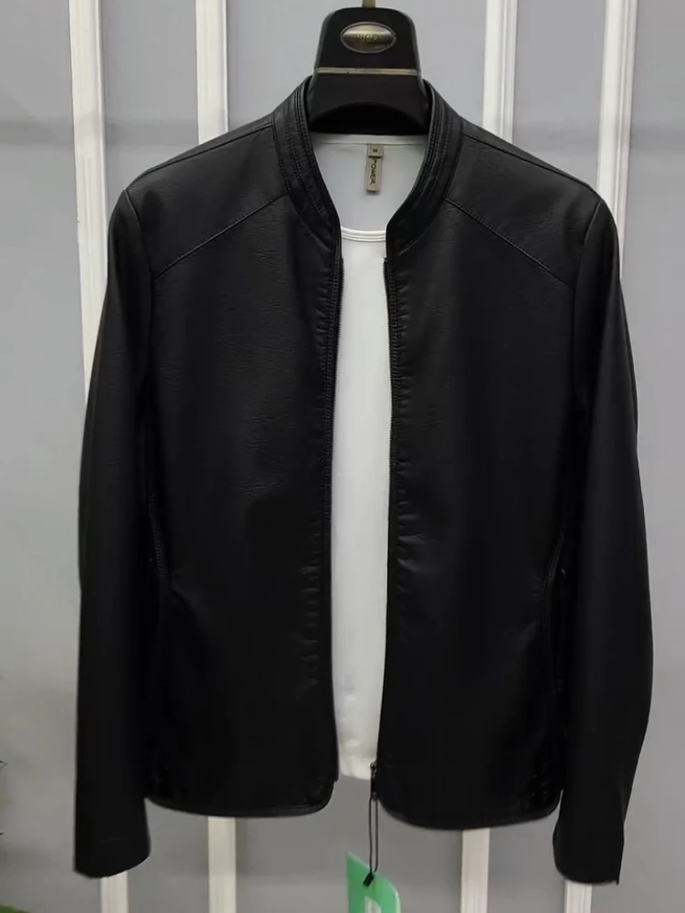 

Waed Leather Jaet Men's Casual Long Sve Faion Splicing PU Leather Coat Autumn Season Busin Casual Sle Zipper Cl...