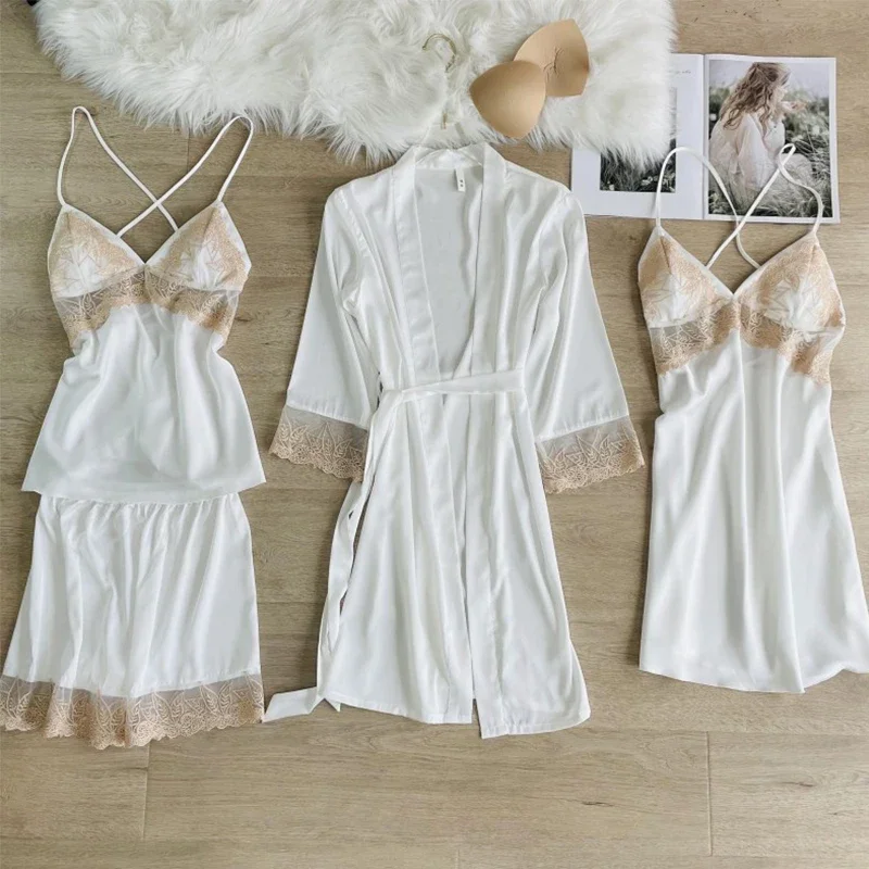 

MECHCITIZ New 4 Pieces Women Pajamas Set Silk Sexy Sleepwear Pijamas Lace Fashion Spring Autumn Satin Pyjamas Homewear Suit