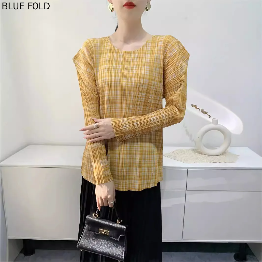 MIYAKE Printed Tops for Women Pleated T-shirts New Summer Long Sleeves Folded Sleeves Comfortable Casual and Versatile Oversize