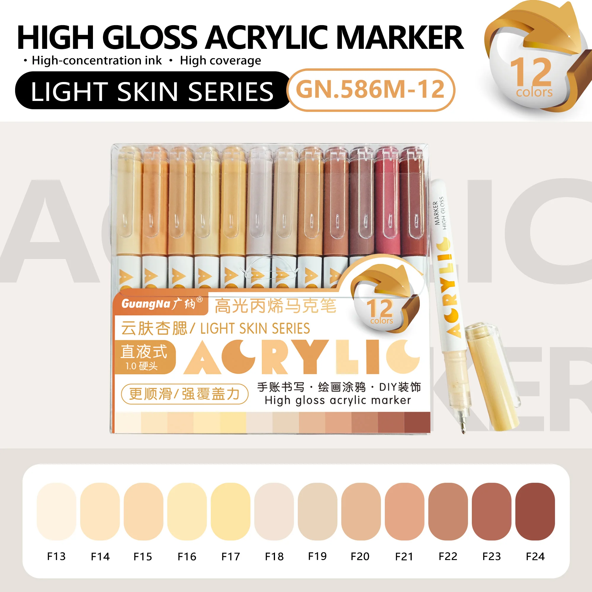 GuangNa 168/12 Kleuren Hoogglans Acrylmarker Set - Premium Direct Liquid Verfpennen voor Kunst, Schilderen, Handlettering & DIY