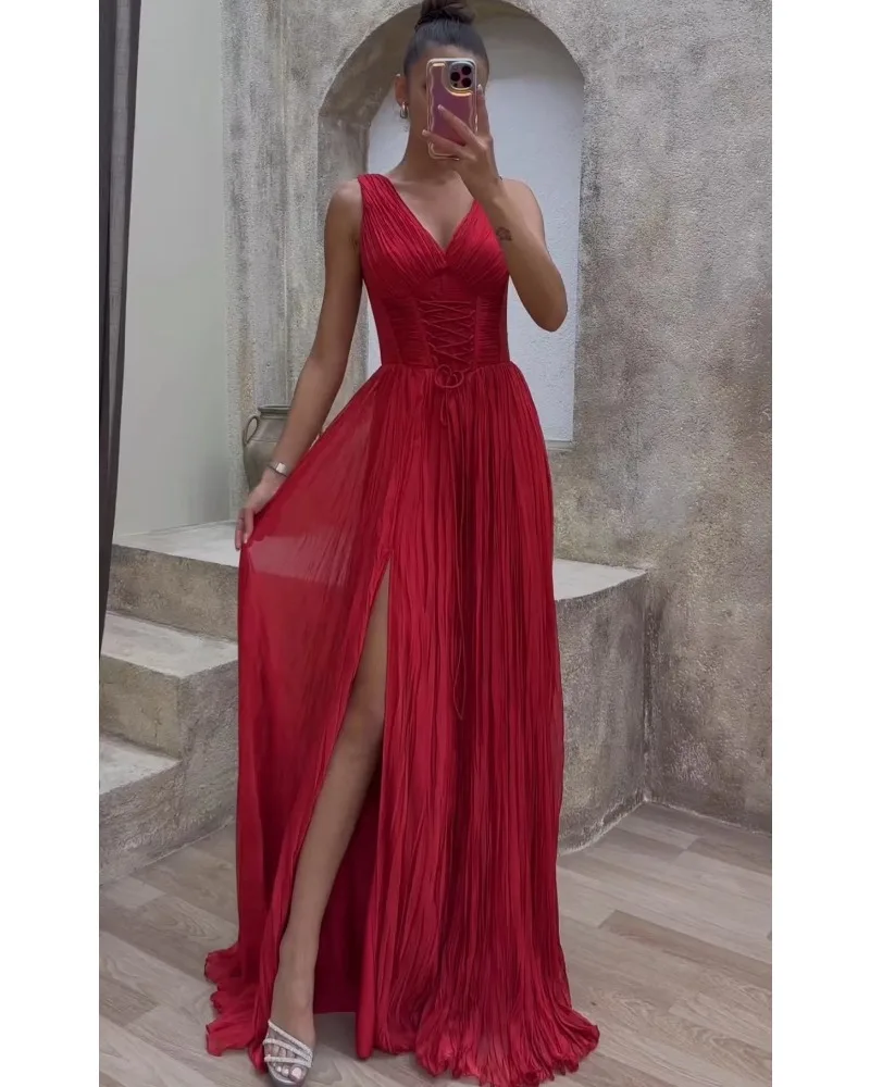 Mikydely Sexy Strapless Irregular Slit Dress Solid Color Deep-V Maxi Evening Dress