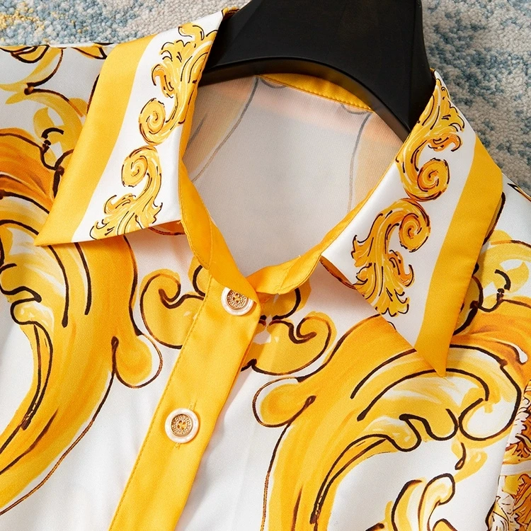 ZJYT Women's Vintage Print Yellow Shirt Dress Single-Breasted Lapel Collar Lace-Up Casual Midi Summer Holiday Dress Runway 2025