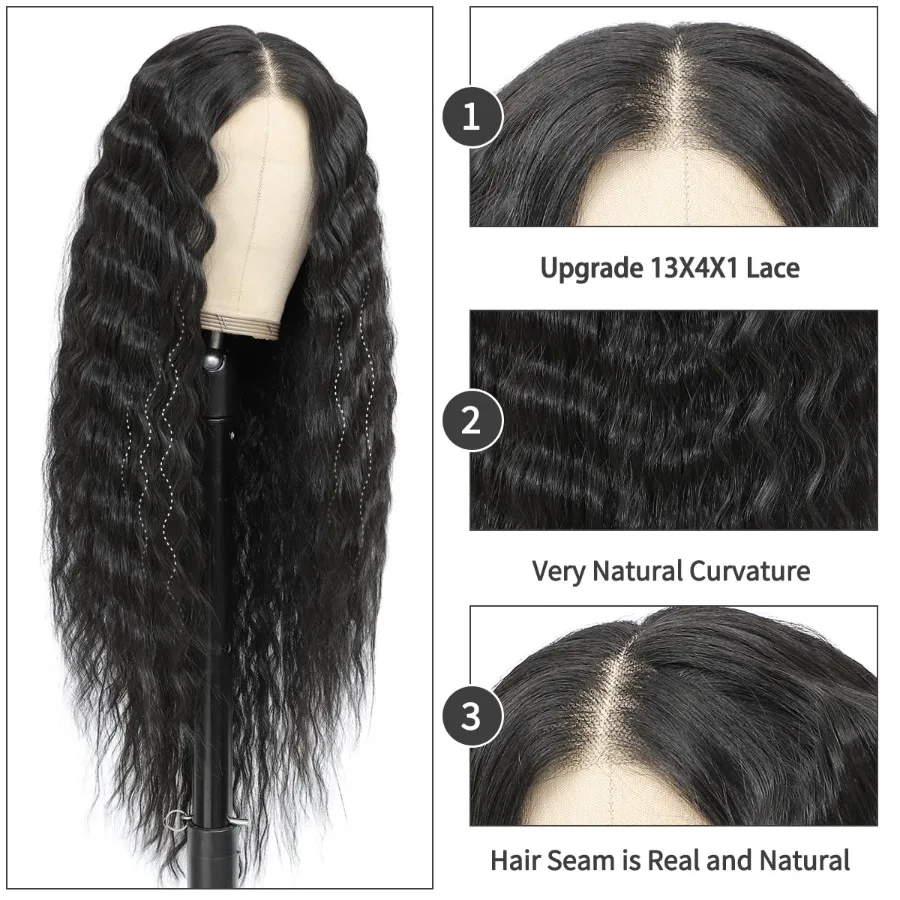 باروكات أمامية من الدانتيل الاصطناعية شعر مستعار مموج طبيعي منتفخ مسبقًا جاهز للارتداء بدون صمغ 13x4x1 الجزء الأوسط من الدانتيل الأمامي للنساء السود داي