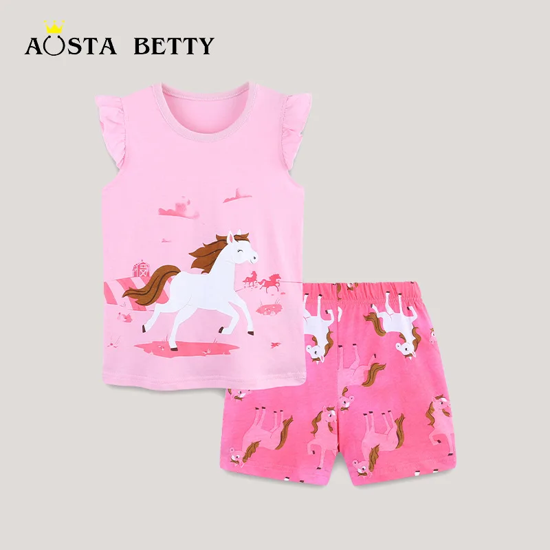 European and American style girls short-sleeved set, summer new product children's set, cartoon printed T-shirt two-piece set