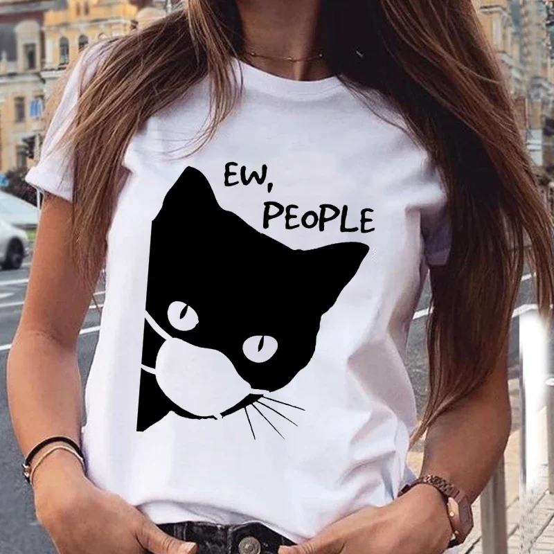 Camisetas de manga corta con estampado de gato para mujer, ropa de calle con estampado de dibujos animados, Tops de moda de animales encantadores, primavera y verano