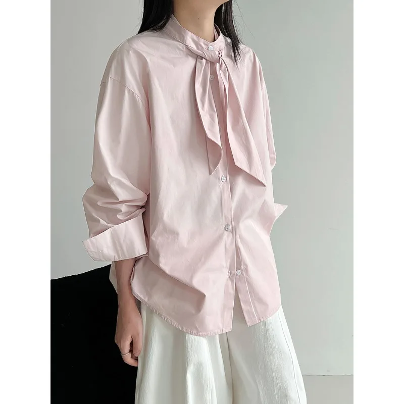 

Design Sense Tie Solid Color Shirt Women's 2026 New Temperament Loose Casual Shirt