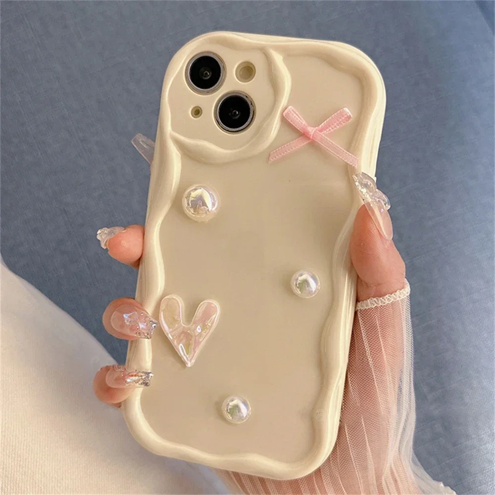 Korea Cute Laser Heart Pink Bow Pearl Cream Wave Phone Case For iPhone 16 15 14 13 12 11 Pro Max Soild Color Silicone Soft Cover