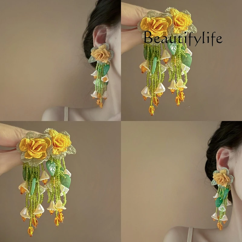 Yellow-green chiffon flower earrings French earrings niche temperament vacation style stud earrings