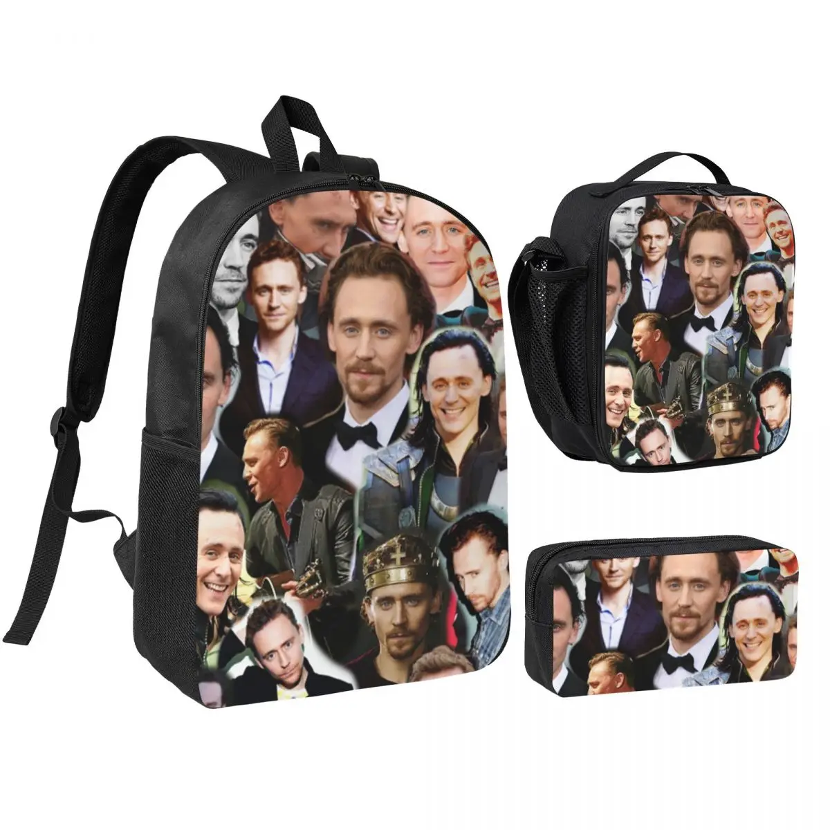 Tom Hiddleston Photo Collage Backpack Student BookBag School Bag Shoulder Bags 3ps Insulated Lunch Bag Pencil Case
