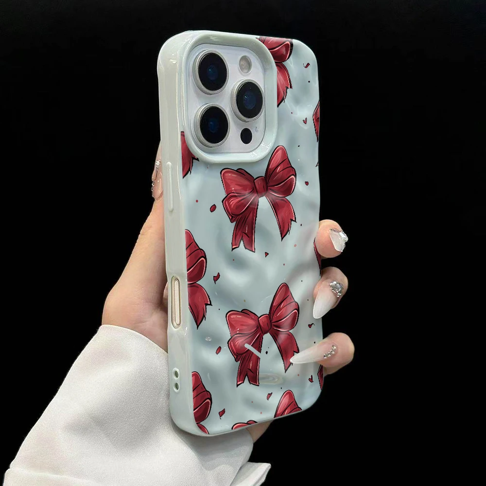 Koreanischer Stil Niedliche Schleifendruck-Handyhülle für iPhone 17 16 15 14 13 12 11 Pro Max 14 Plus 17Air Falten-Wellen-Soft-Silikonhülle – Detail 10