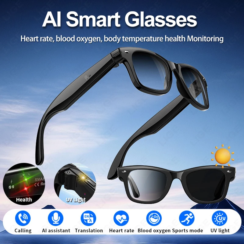 

New AI Smart Glasses Heart Rate Blood Oxygen Temperature Monitoring Glasses Translation Sunglasses Bluetooth Call Music Eyeglass