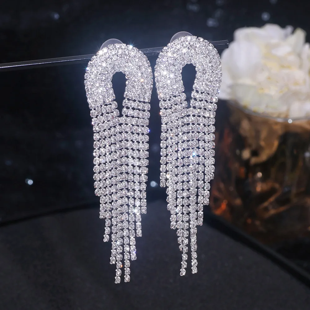 New Classic Shiny Rhinestone Earrings for Women Geometric Long Tassel Crystal Dangle Earrings Female Fashion Jewelry Accessories