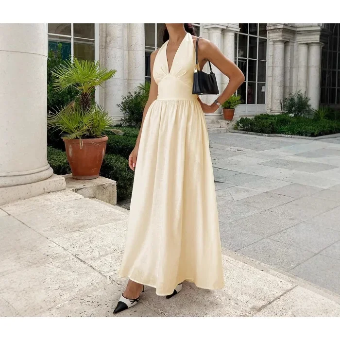 

Long Dresses Female Clothing Length 2025 Spring Summer Waist Cinched V-neck Tied Skirt Big Swing Dress Sleeveless Skirts Woman