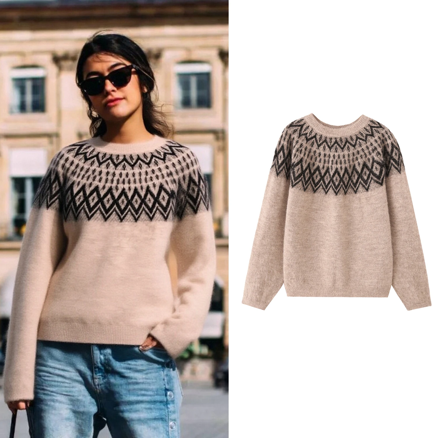 

Женский свитер из жаккардовой пряжи цвета хаки, весна-осень, новый, элегантный, с длинными рукавами, повседневный, шикарный, вязаный топ для женщин