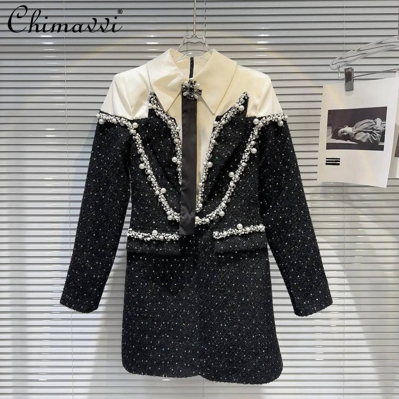 

Autumn and Winter New Elegant Socialite Heavy Pearl Bead Tie Tweed Dress Light Luxury Long Sleeve Slim Short Dresses Women