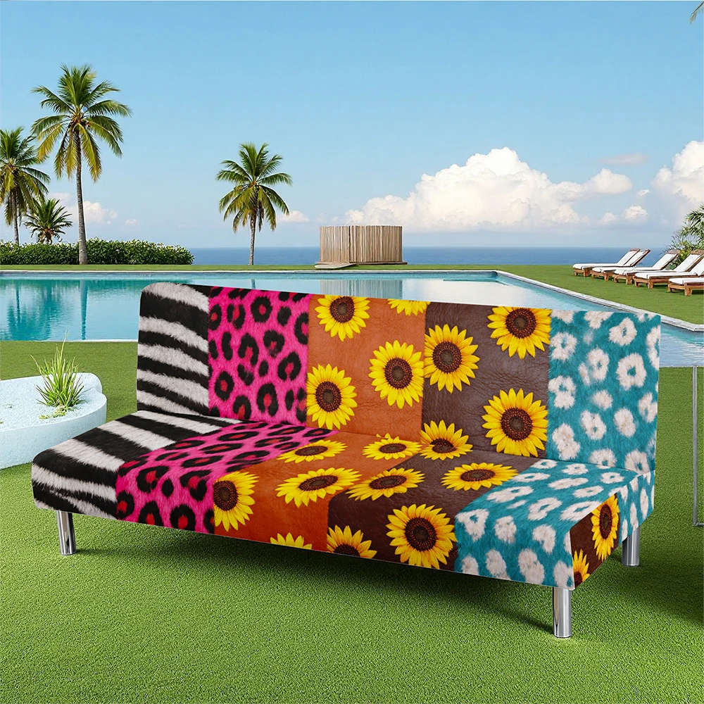 Summer Outdoor Sofa Bed Cover, Bohemian Sunflower Leopard Zebra Patchwork Printed Elastic Slipcover, Milk Silk