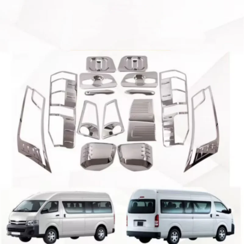 Для Toyota Hiace 300 Series 2019-2022: хромированные накладки на боковые зеркала заднего вида из АБС-пластика, накладки на задний стеклоочиститель, накладки на передние противотуманные фары, накладки на фонарь багажника и фонарь двигателя.